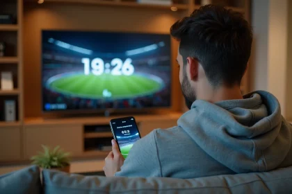 Homme consultant l'heure de Sydney sur smartphone pour suivre un événement sportif en direct à la télévision