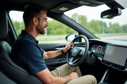 Homme d'âge moyen dans une voiture hybride moderne