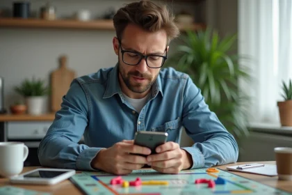 Homme en denim joue à Monopoly sur smartphone dans la cuisine
