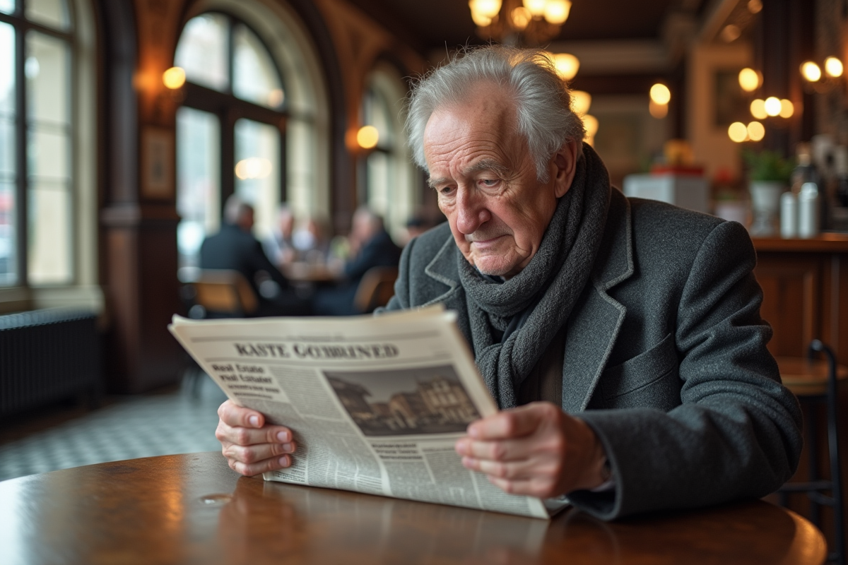 Homme âgé lisant un journal dans un café européen