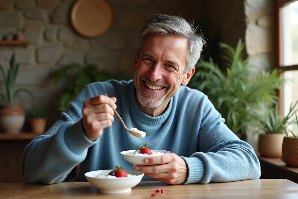 Homme dégustant un yogourt à l