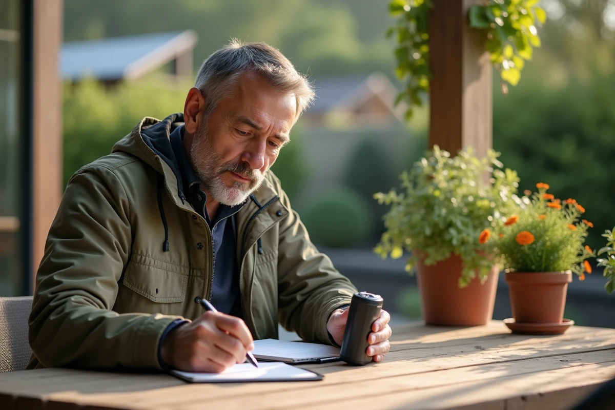Homme en extérieur inspectant une batterie portable