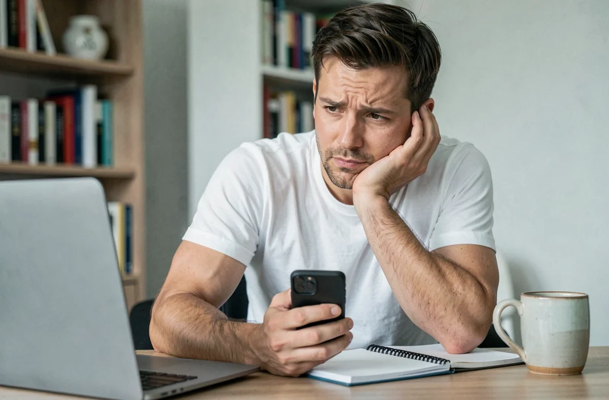 Homme perplexe dans un bureau à domicile essayant de comprendre la signification d'un emoji dans un message
