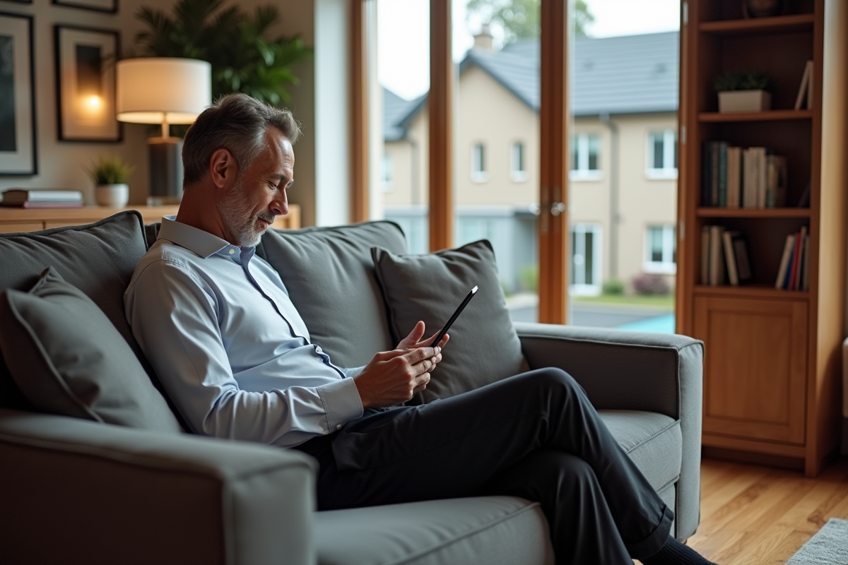 Homme d age mûr utilisant une tablette dans un salon moderne