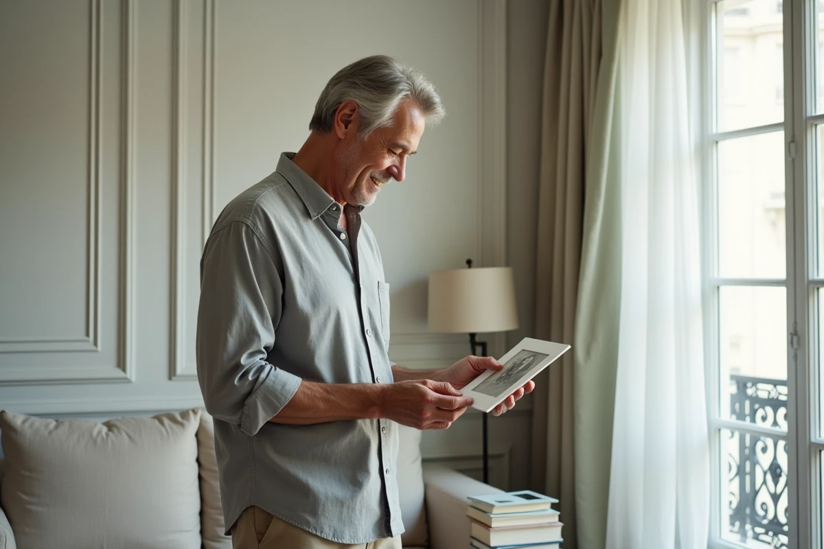 Homme mature tenant un portrait encadré dans un appartement parisien, symbole d'une vie transformée par l'amour