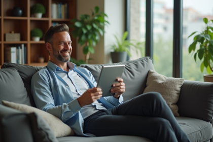 Homme détendu dans un salon moderne avec tablette