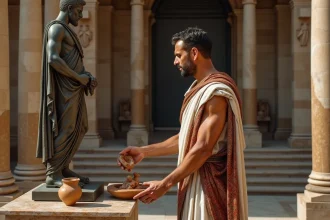 Homme méditerranéen en toge romaine devant une statue de Vulcan