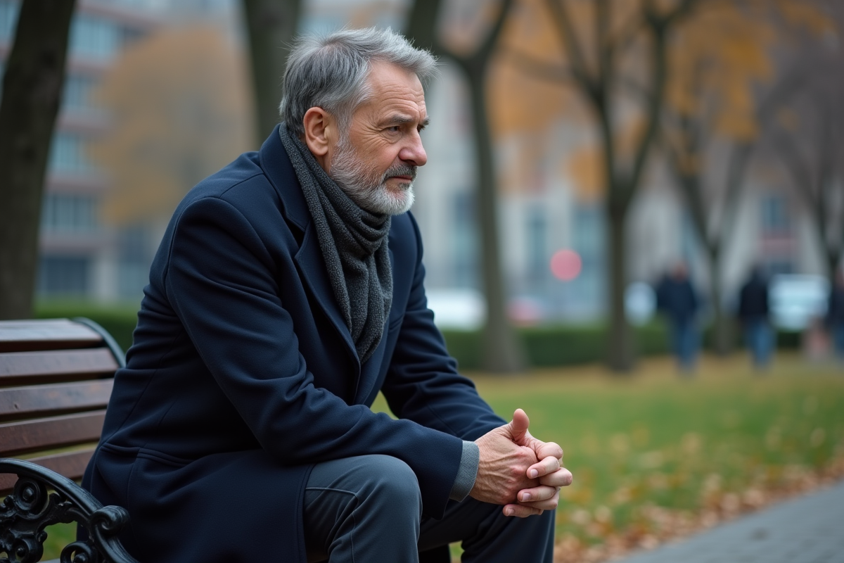 Homme assis seul sur un banc de parc en ville