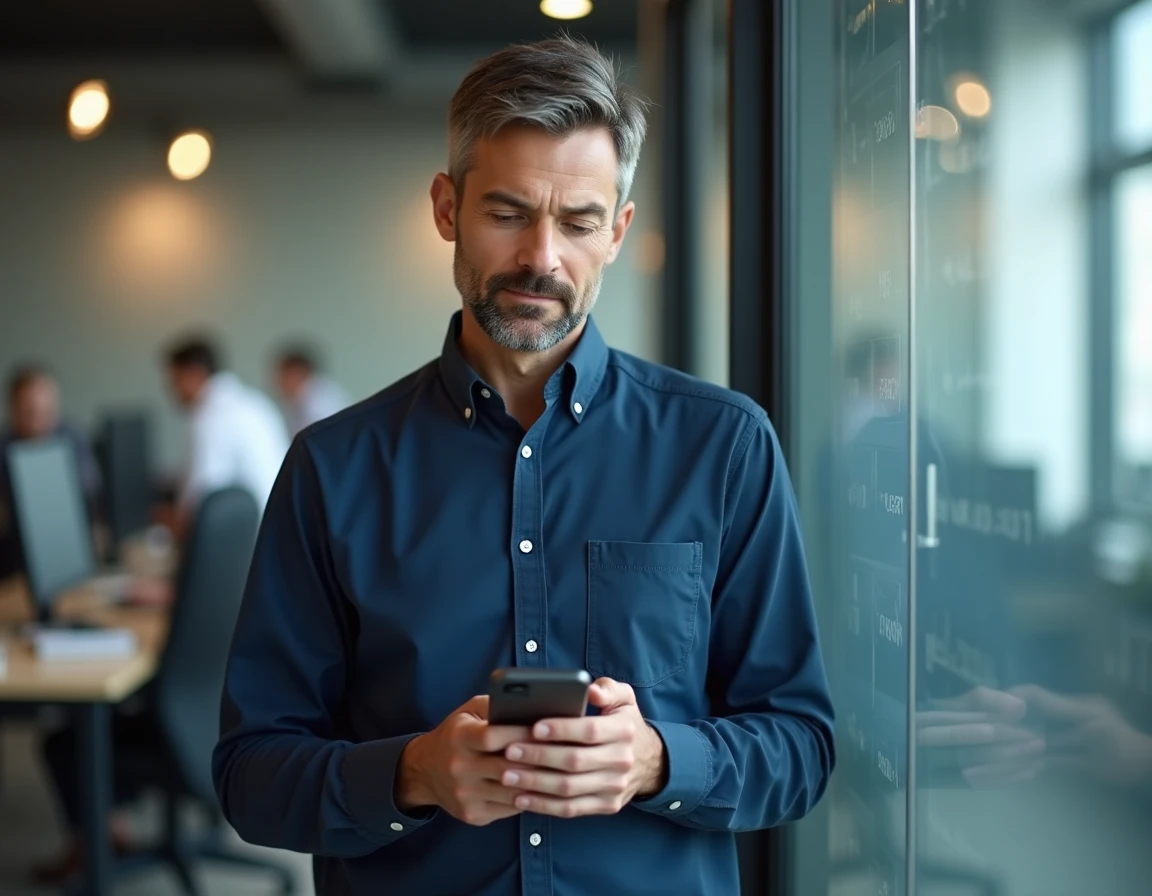 Homme vérifiant le numéro de semaine impaire sur son téléphone dans un bureau moderne