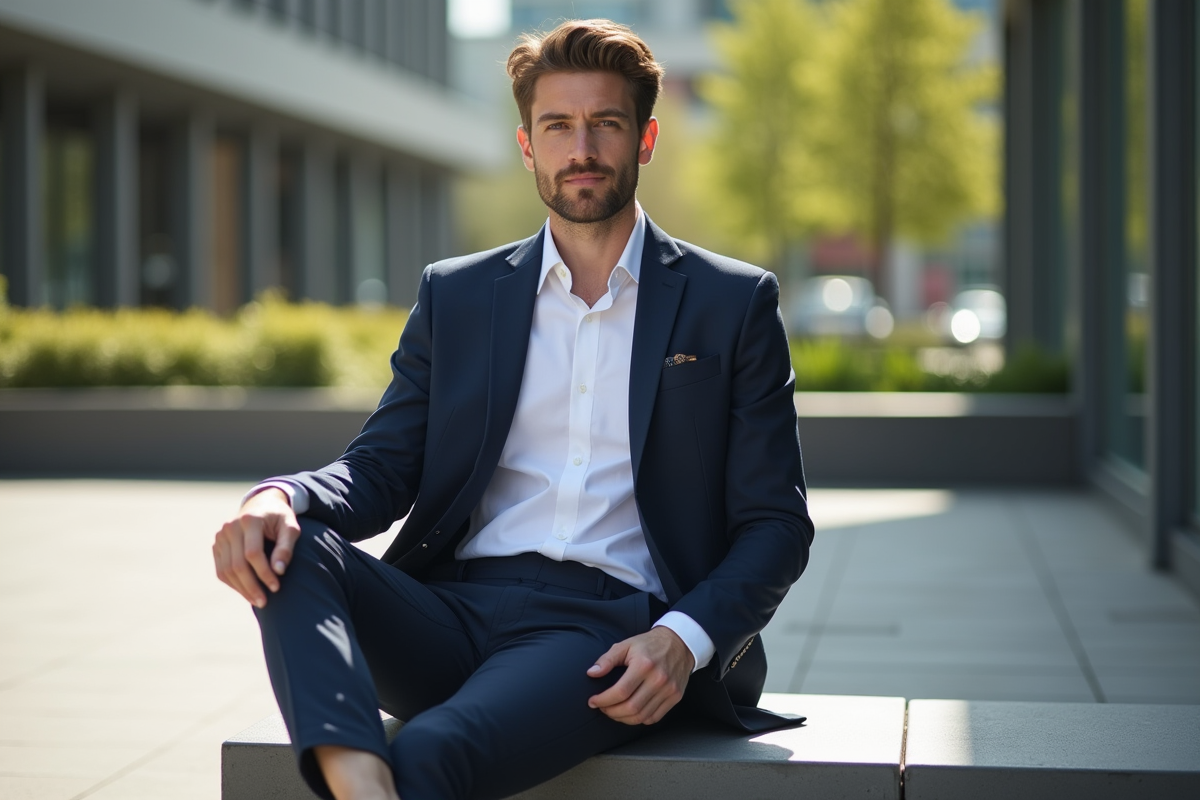 Homme en tenue classique dans une place urbaine lumineuse