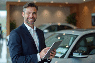 Homme en costume cravate avec voiture de luxe en showroom