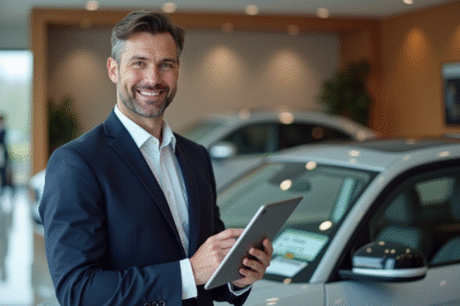 Homme en costume cravate avec voiture de luxe en showroom