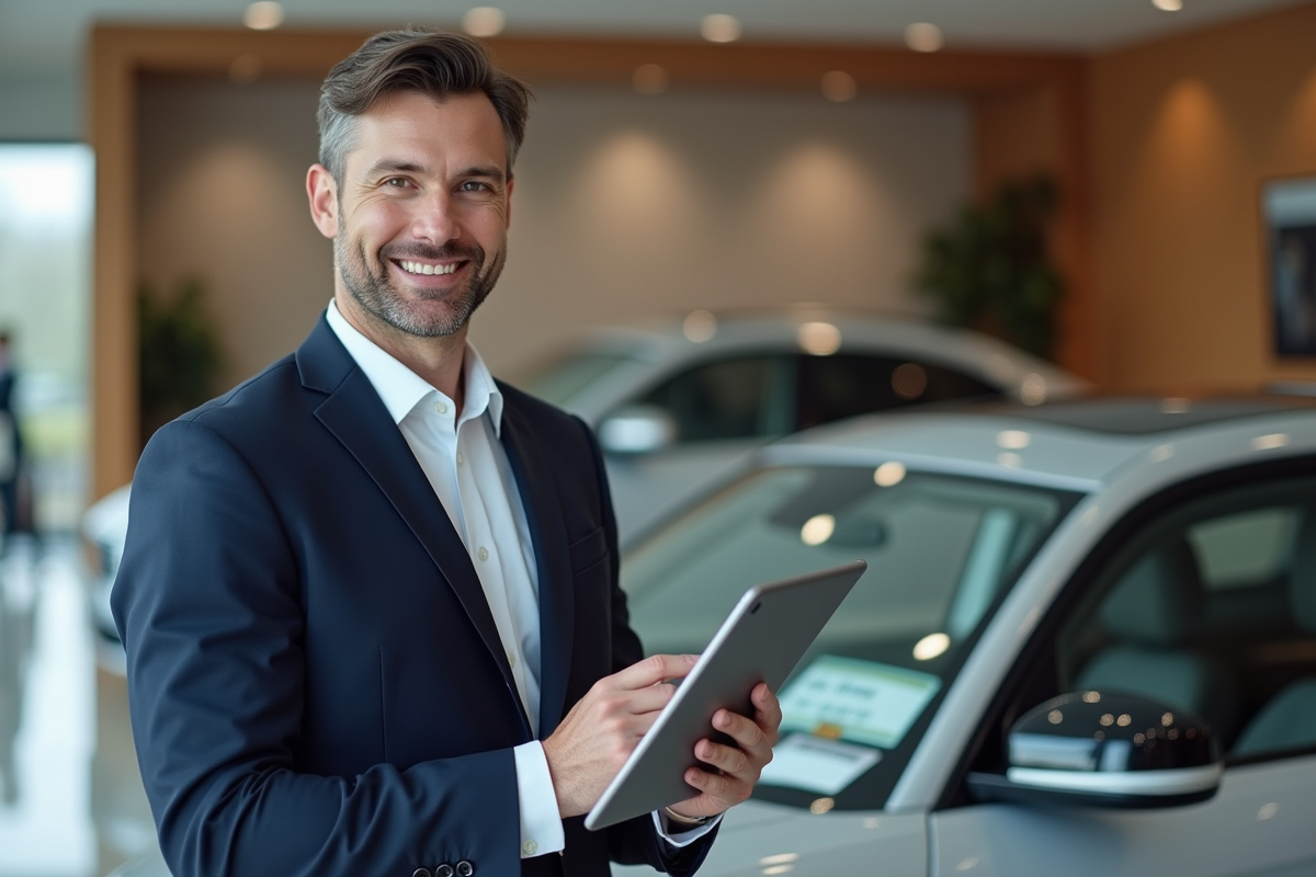 Homme en costume cravate avec voiture de luxe en showroom