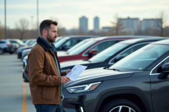 Homme d'âge moyen examinant un SUV en concession