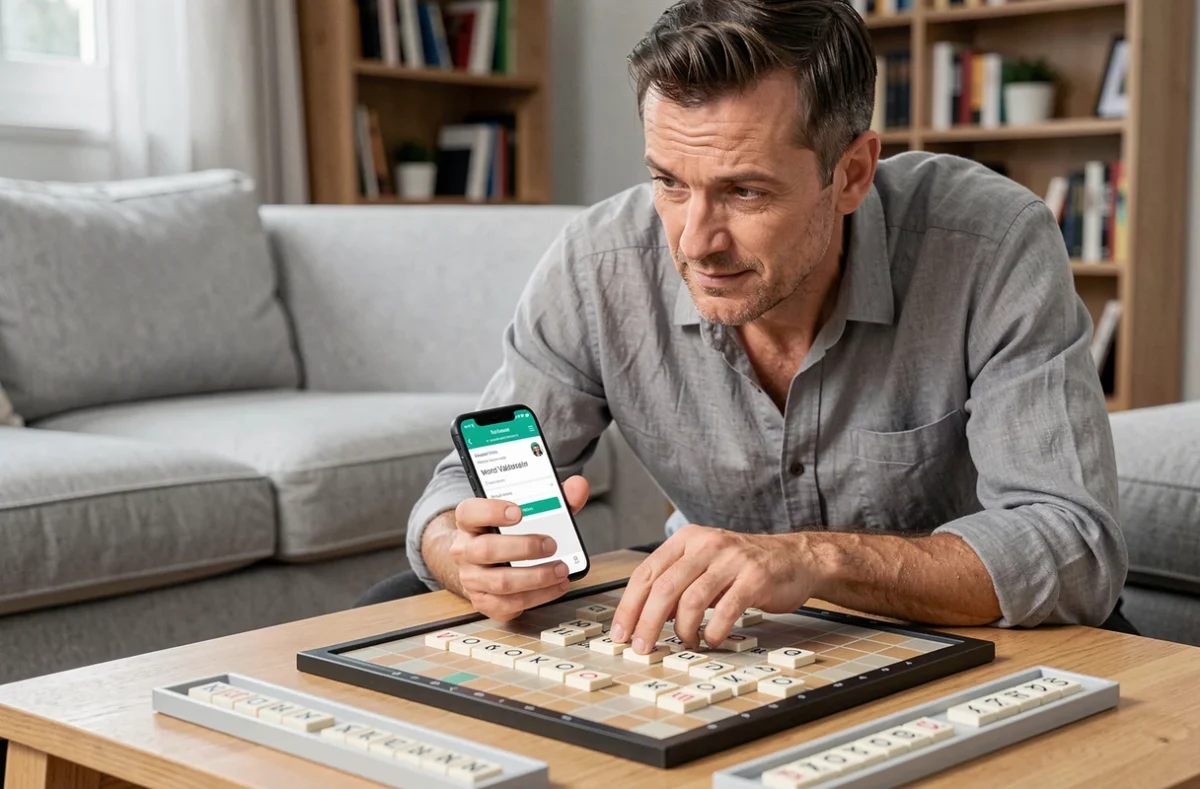 Homme vérifiant la validité du mot KO au Scrabble avec un validateur en ligne sur smartphone