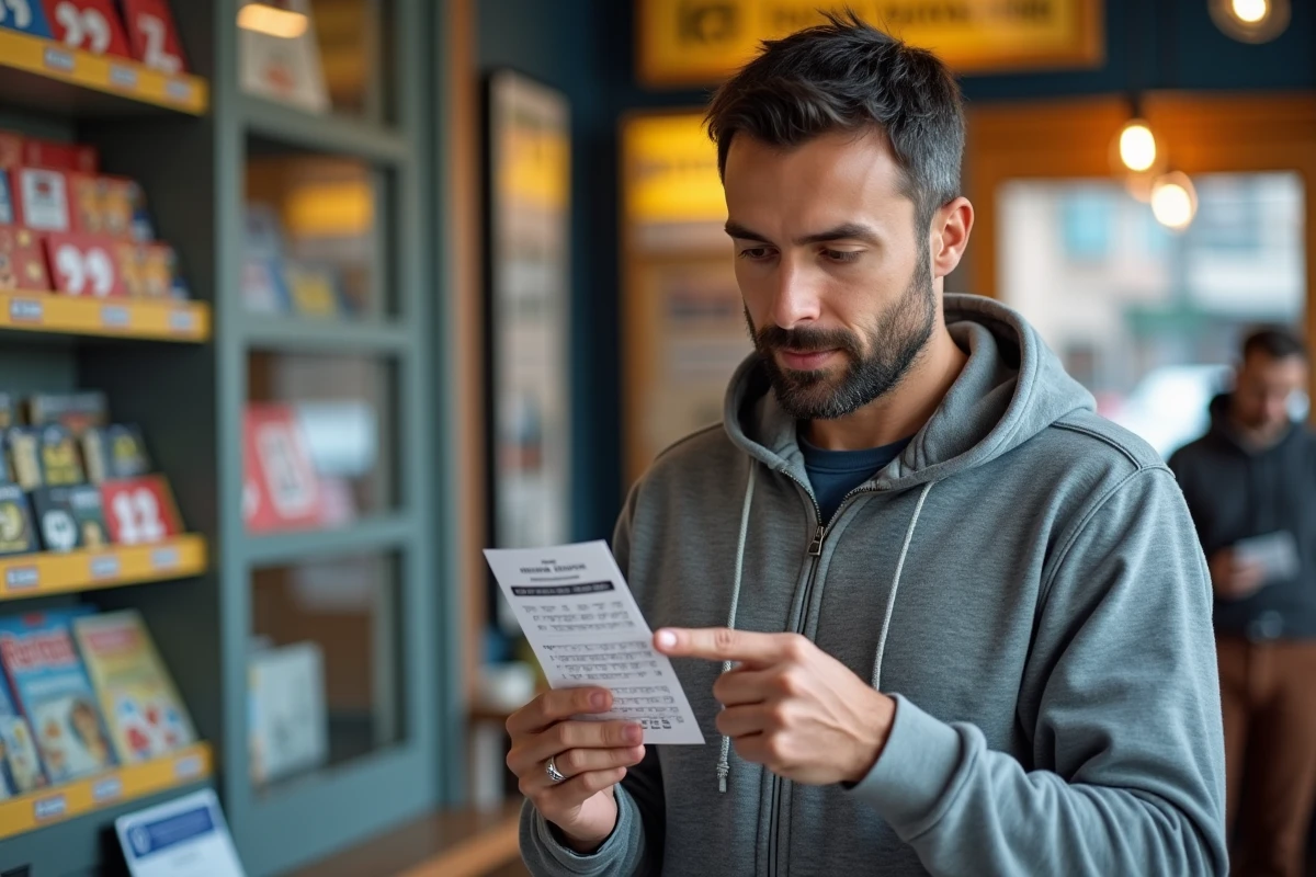 Homme vérifiant les numéros cochés sur une grille de loto dans un bureau de tabac