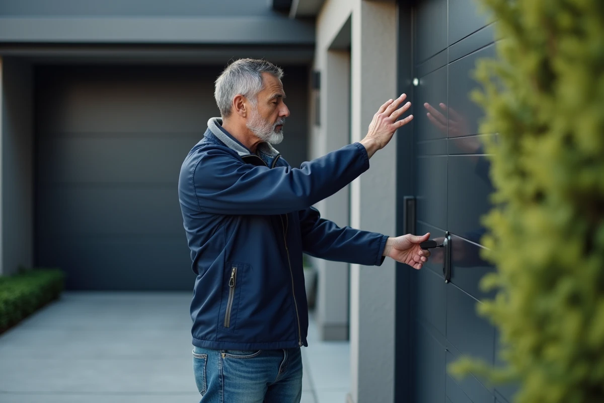 Homme d'âge moyen inspectant la serrure du garage