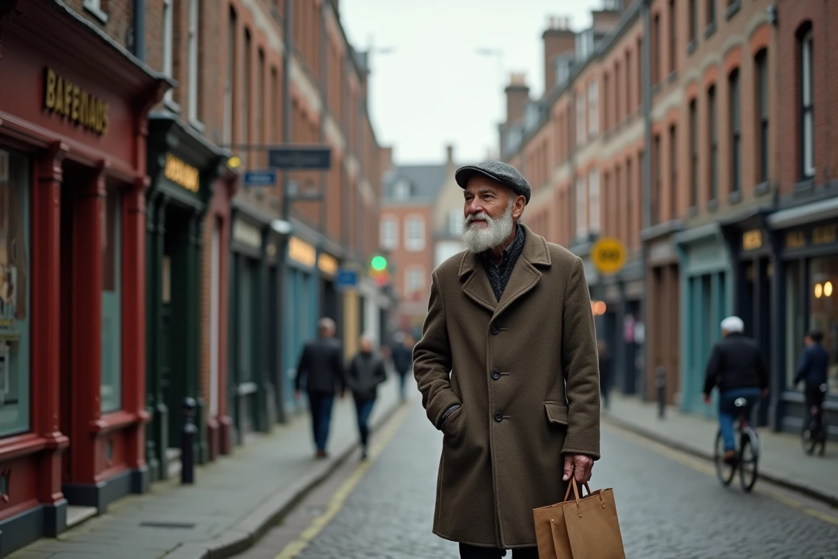 Homme âgé marchant dans une rue pavée ancienne