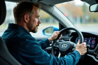 Homme d'âge moyen interactant avec le tableau de bord d'une voiture moderne