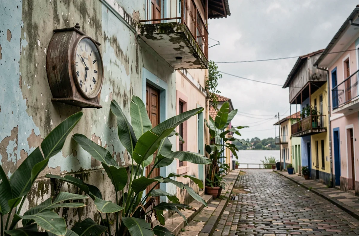 Horloge ancienne sur une façade coloniale à Cayenne en Guyane, décalage horaire et heure locale en Amazonie française