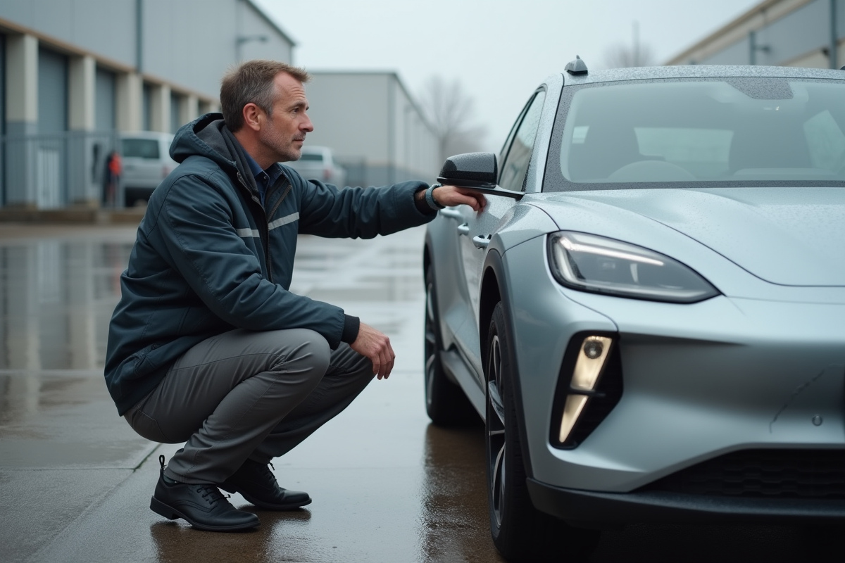 Ingénieur automobile inspectant une voiture robuste et sans bosses