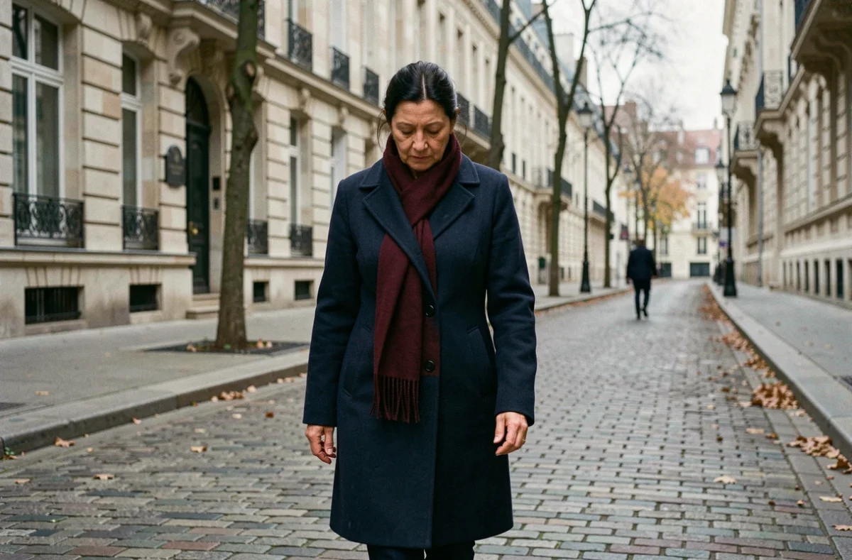 Femme marchant seule dans une rue pavée européenne, illustrant l'anonymat et la discrétion recherchés par Ingrid Betancourt dans sa vie actuelle