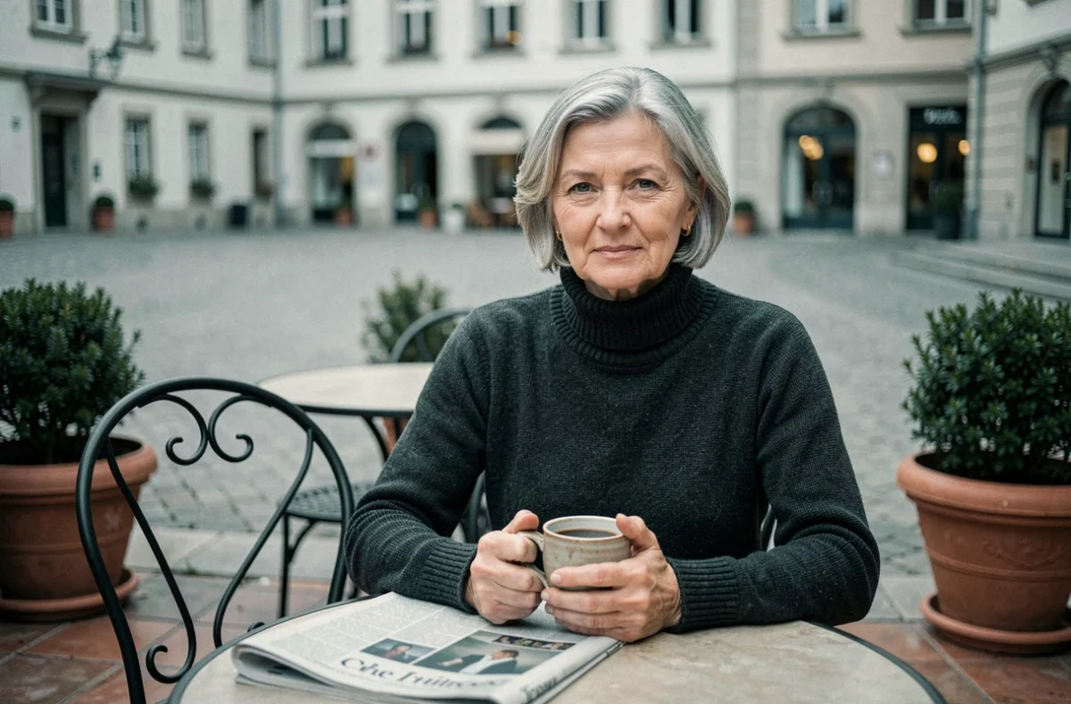 Femme élégante attablée à une terrasse de café en Europe, symbolisant le lieu de vie discret et les rumeurs entourant la résidence d'Ingrid Betancourt