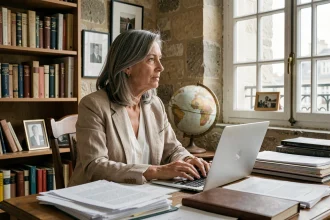 Femme aux cheveux grisonnants assise à un bureau dans un appartement parisien, évoquant la vie discrète d'Ingrid Betancourt en exil