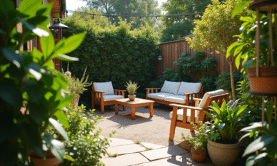 Petit jardin en désordre avec plantes et meubles volumineux