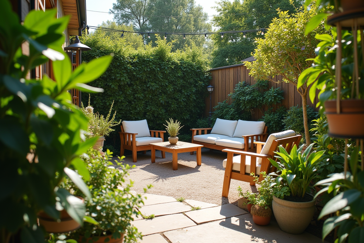 Petit jardin en désordre avec plantes et meubles volumineux