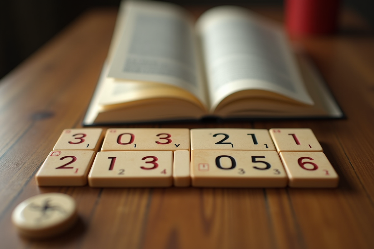 Zoom sur le jeu de Rummikub avec tuiles et règle ouverte