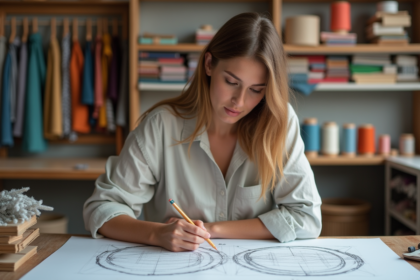 Jeune femme dessinant des motifs textiles dans un atelier créatif
