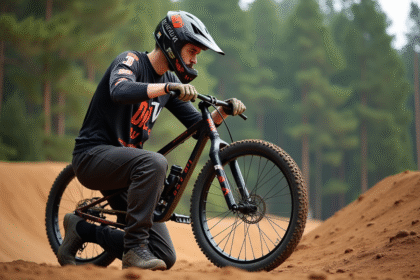 Jeune homme en motocross examine la roue avant d'un vélo tout-terrain