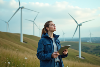 Jeune femme ingénieure avec tablette devant éoliennes
