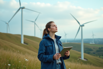 Jeune femme ingénieure avec tablette devant éoliennes
