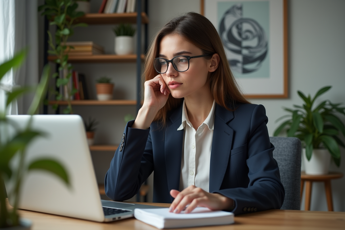 Jeune femme en bureau moderne travaillant sur son ordinateur portable