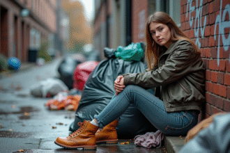 Jeune femme en streetwear dans une ruelle urbaine avec déchets textiles