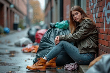 Jeune femme en streetwear dans une ruelle urbaine avec déchets textiles