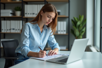 Jeune femme concentrée dessinant des diagrammes vectoriels dans un bureau moderne