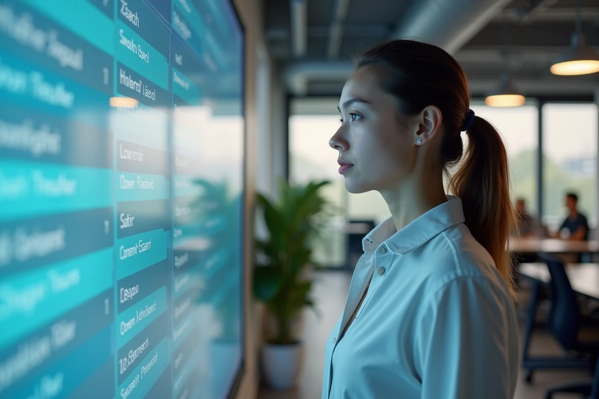 Jeune femme en travail sur un tableau digital dans un espace de travail