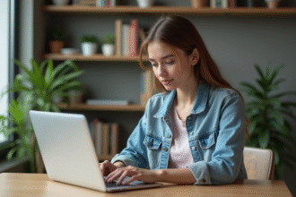 Jeune femme assise à un bureau avec ordinateur dans un appartement moderne