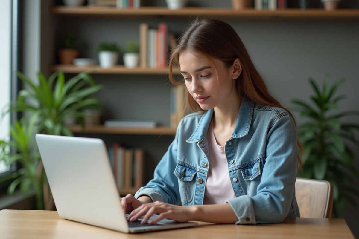 Jeune femme assise à un bureau avec ordinateur dans un appartement moderne