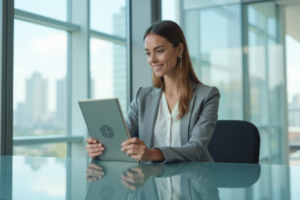 Jeune femme professionnelle en bureau lumineux avec carnet