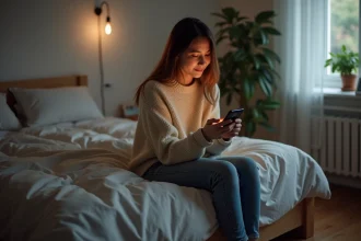 Jeune femme en sweater regardant son téléphone tard la nuit