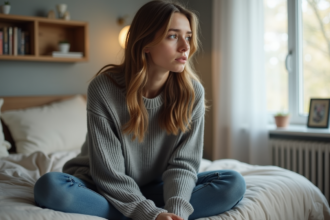 Jeune femme assise sur le lit avec expression inquiète