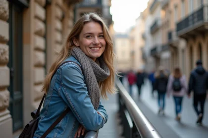 Jeune femme souriante en ville avec un manteau en denim