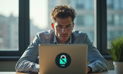 Jeune homme frustré devant un ordinateur avec VPN barré