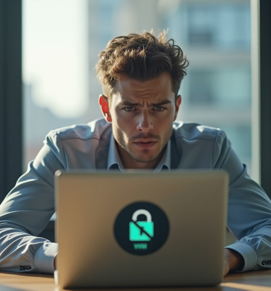 Jeune homme frustré devant un ordinateur avec VPN barré