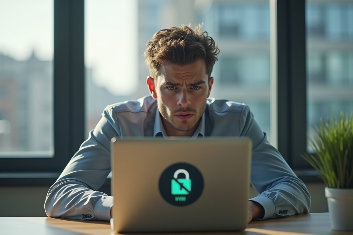 Jeune homme frustré devant un ordinateur avec VPN barré