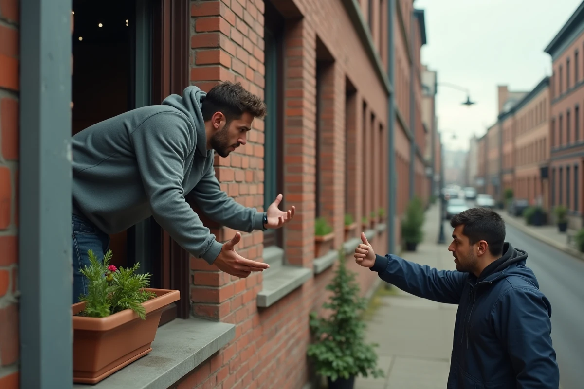 Jeune homme faisant un geste à un voisin depuis une fenêtre urbaine